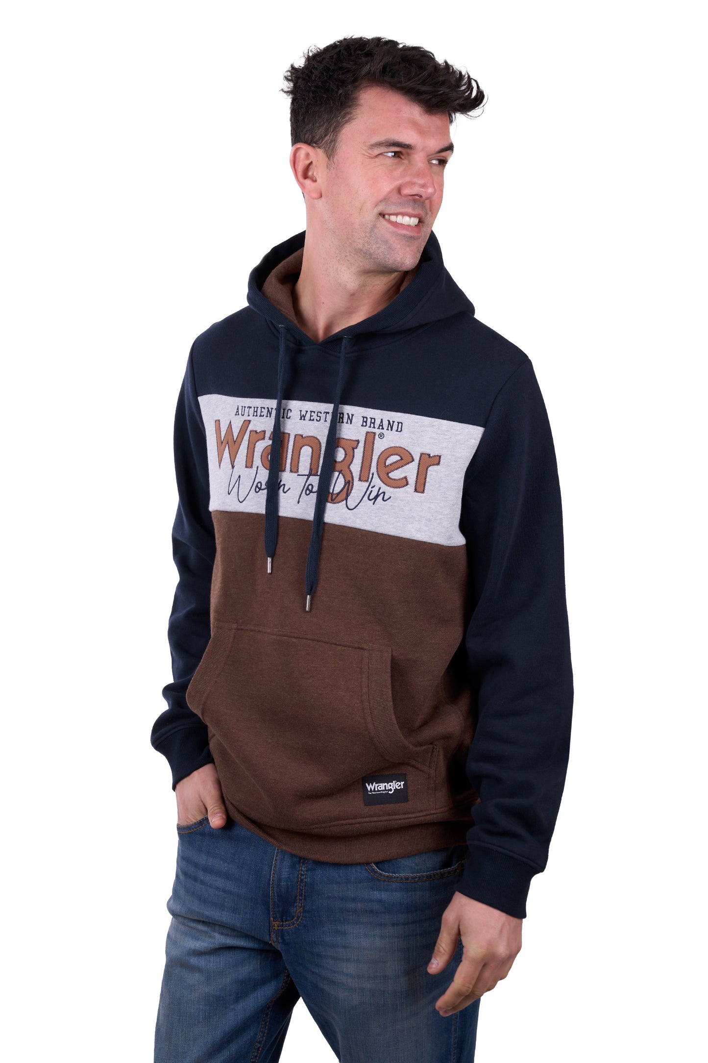 Wrangler MENS PAUL HOODIE - NAVY/DARK TAN