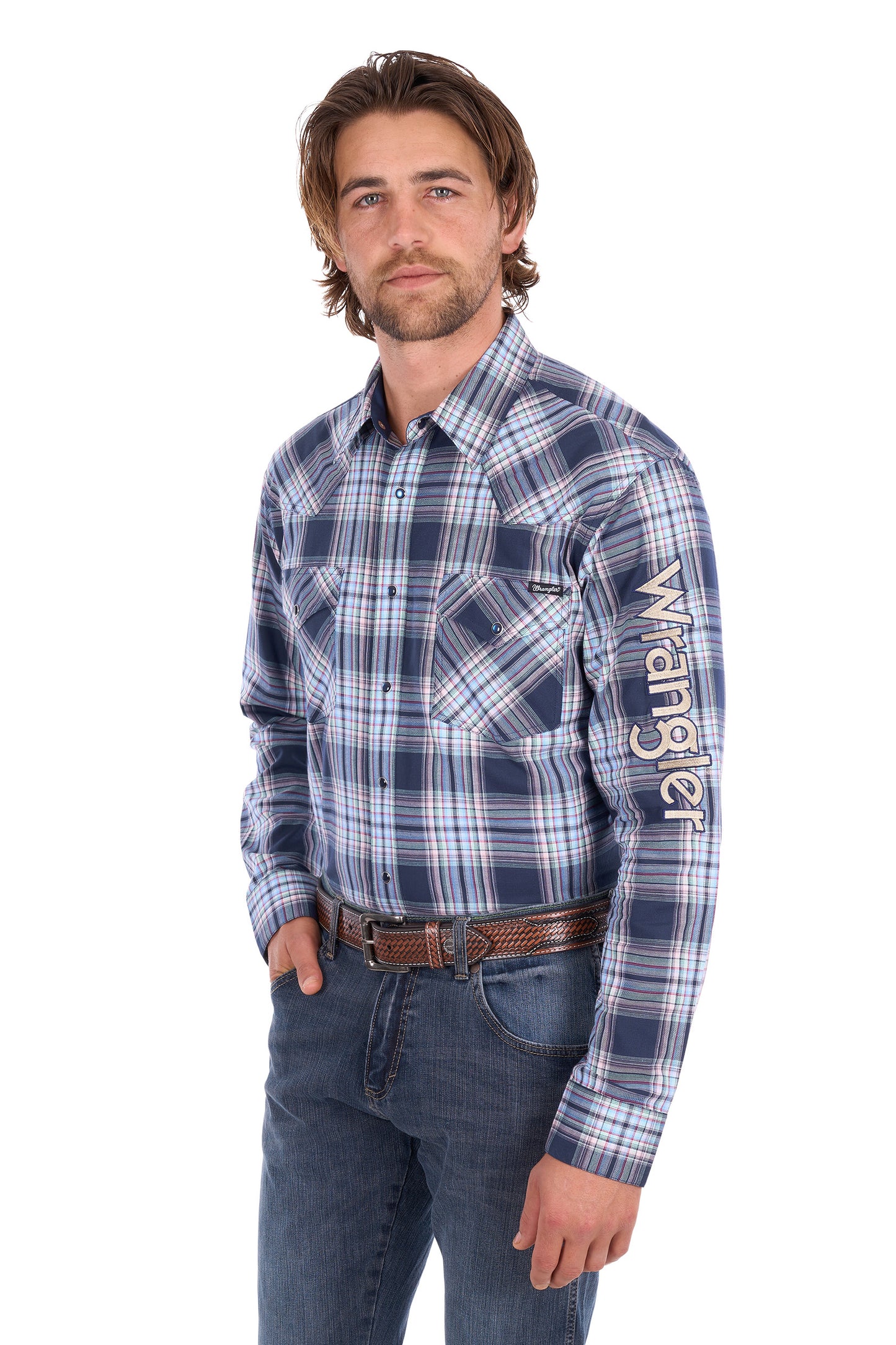 Wrangler Men's Mario Logo Long Sleeve Shirt - Navy/Tan
