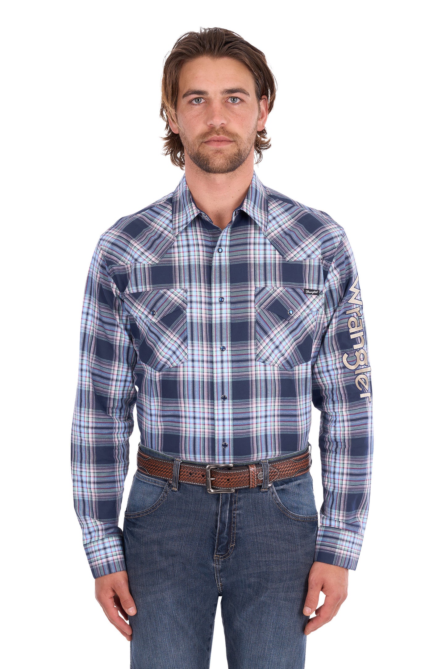 Wrangler Men's Mario Logo Long Sleeve Shirt - Navy/Tan