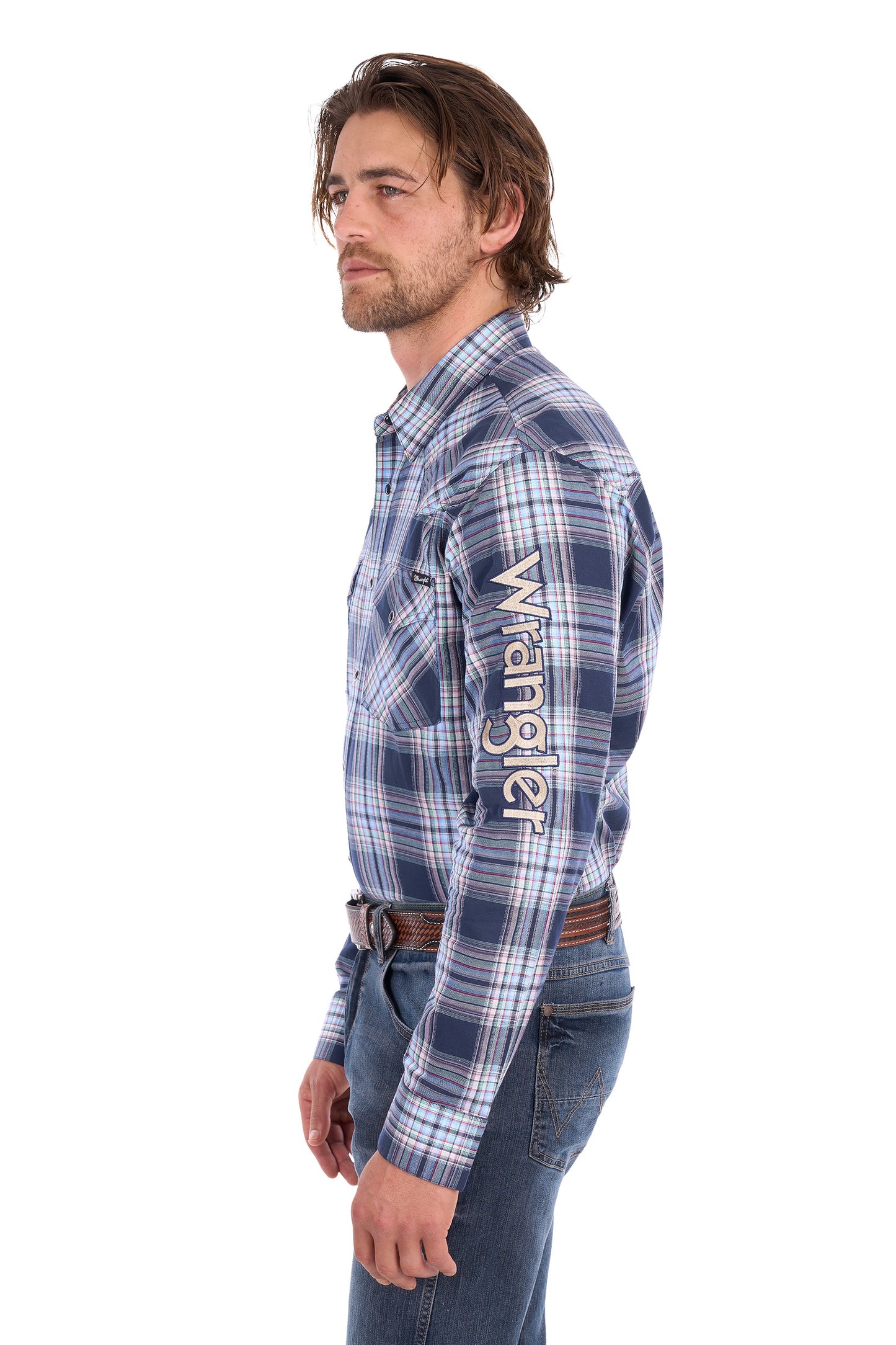 Wrangler Men's Mario Logo Long Sleeve Shirt - Navy/Tan