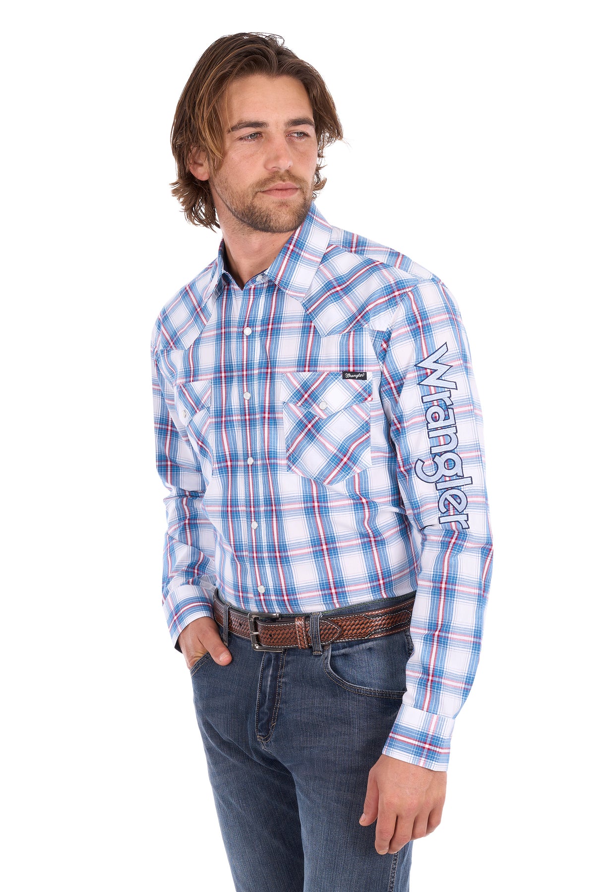 Wrangler Men’s Louis Logo Long Sleeve Shirt – Light Blue/Red