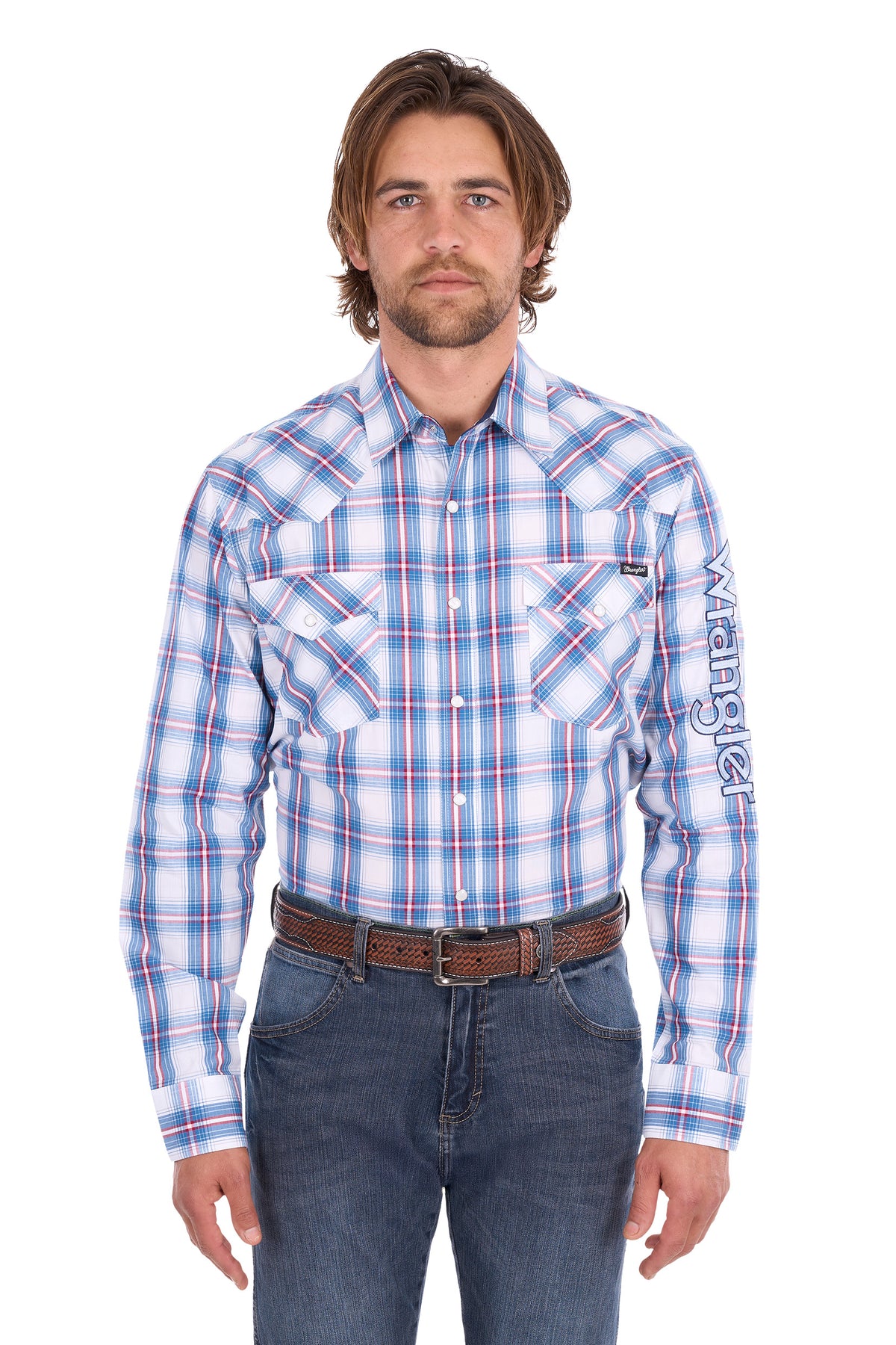 Wrangler Men’s Louis Logo Long Sleeve Shirt – Light Blue/Red