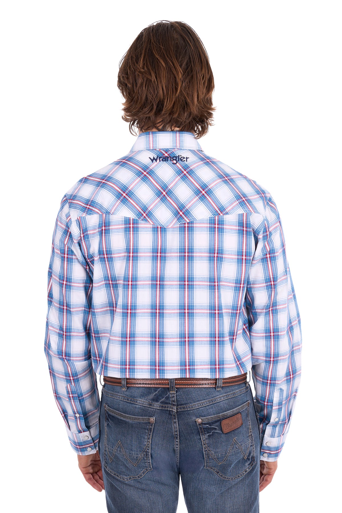 Wrangler Men’s Louis Logo Long Sleeve Shirt – Light Blue/Red