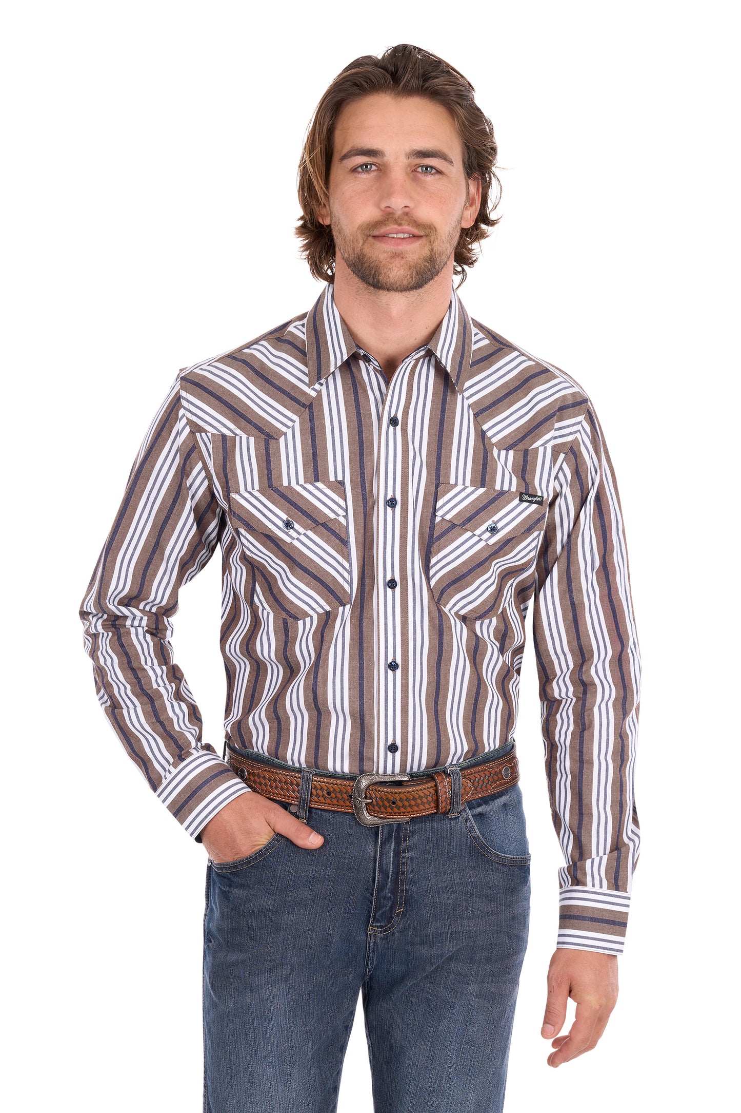 Wrangler Men's Eli Long Sleeve Shirt - Denim/Tan  SEO Description