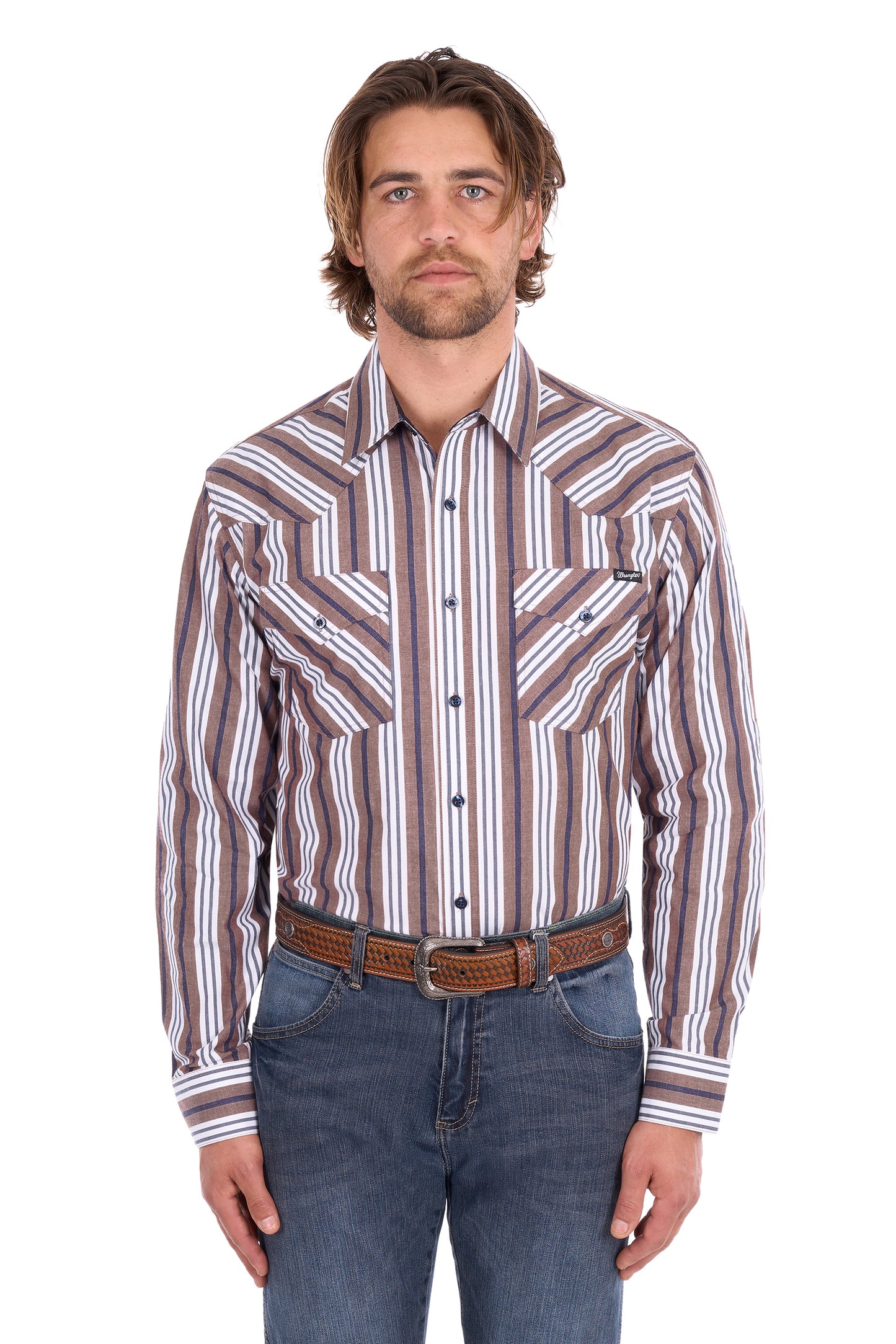 Wrangler Men's Eli Long Sleeve Shirt - Denim/Tan  SEO Description