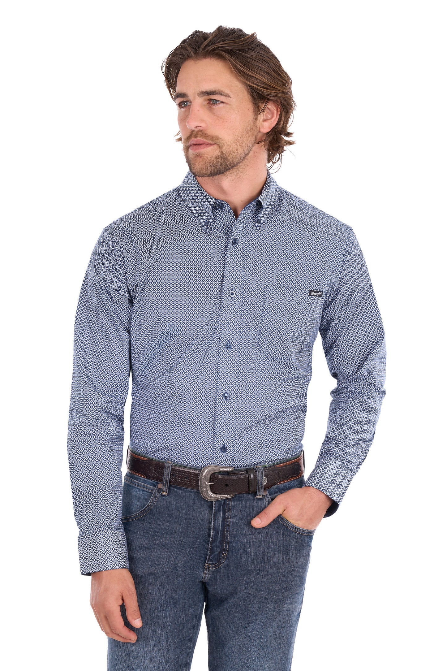 Wrangler Men's Gary 1 Pocket Long Sleeve Shirt - Navy/White