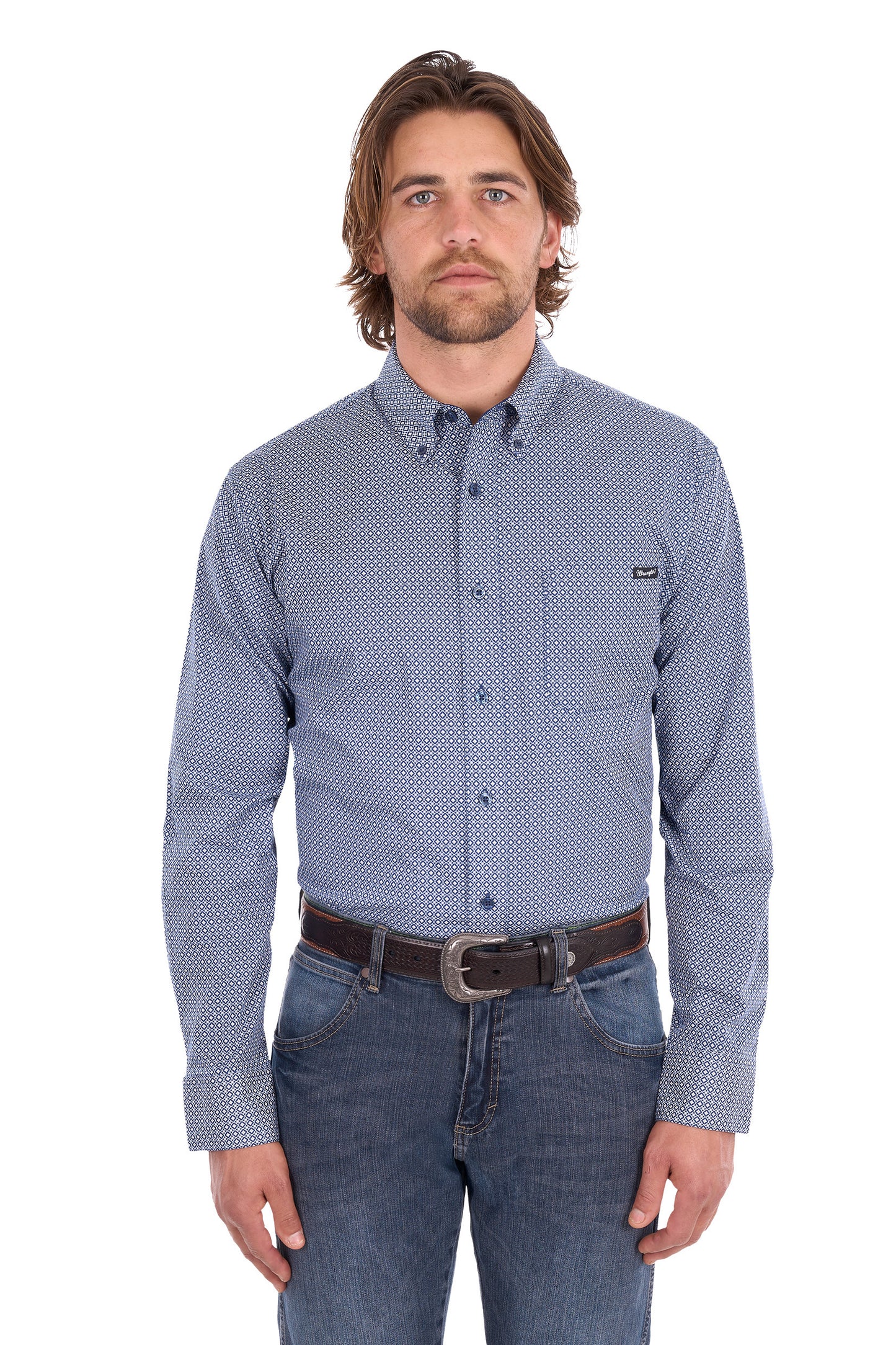 Wrangler Men's Gary 1 Pocket Long Sleeve Shirt - Navy/White