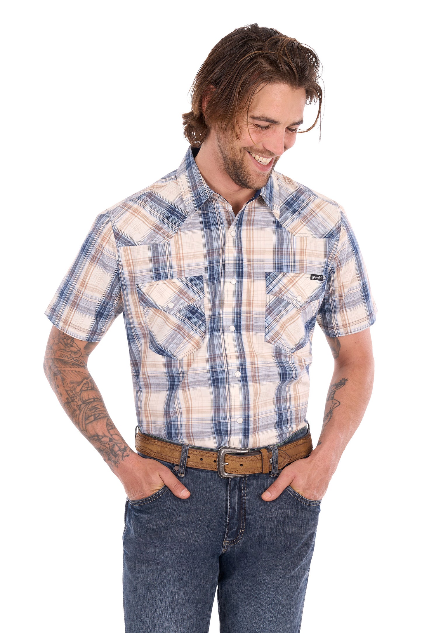 Wrangler Men's Adrian Short Sleeve Shirt - Navy/Tan