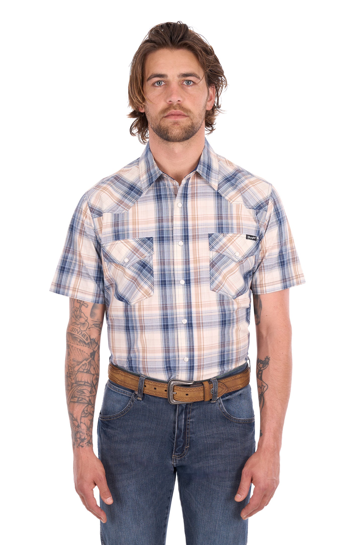 Wrangler Men's Adrian Short Sleeve Shirt - Navy/Tan
