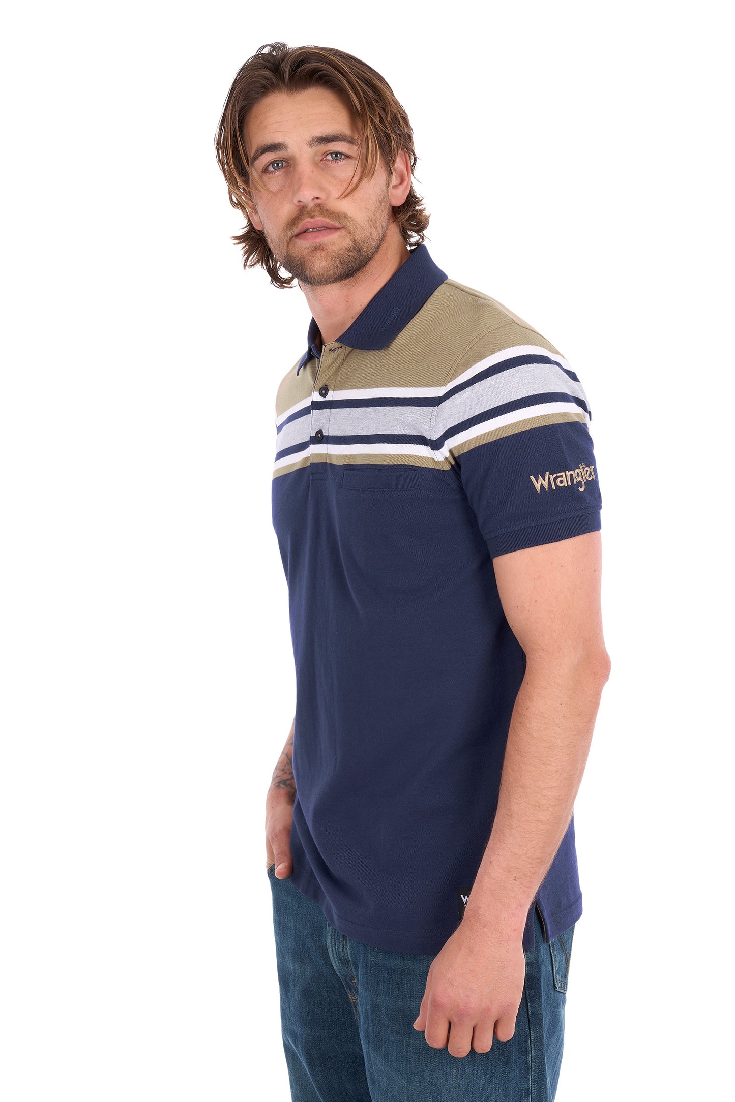 Wrangler Men's Tyrone 1 Pocket Short Sleeve Polo - Navy/Tan