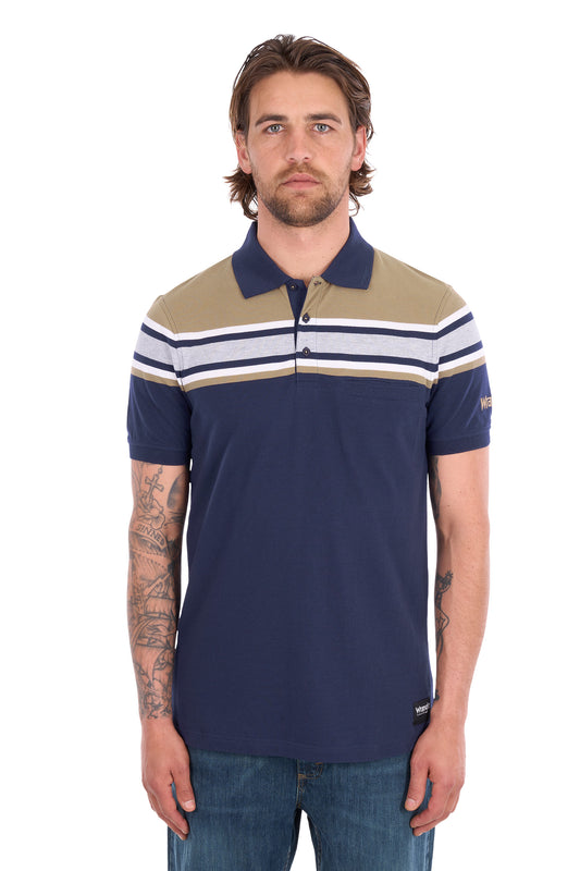 Wrangler Men's Tyrone 1 Pocket Short Sleeve Polo - Navy/Tan