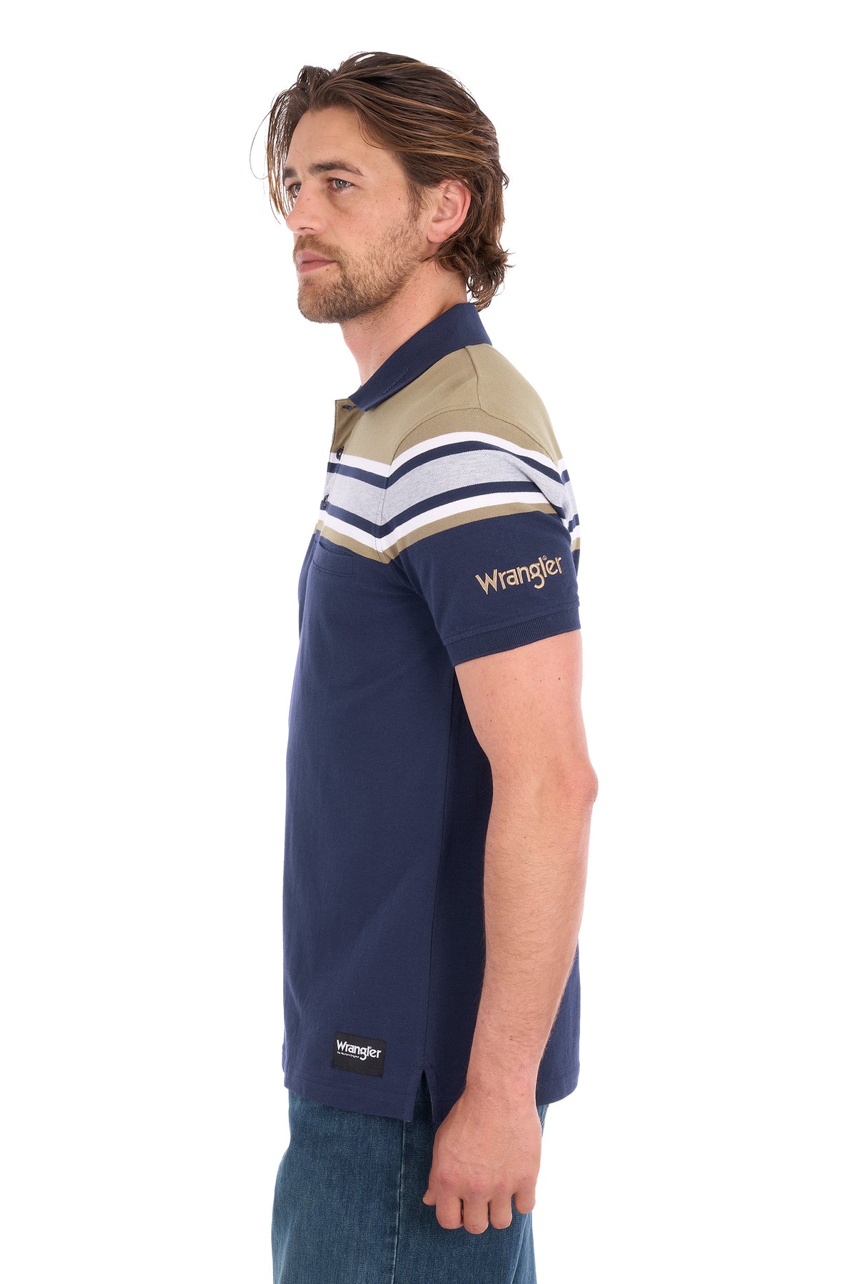 Wrangler Men's Tyrone 1 Pocket Short Sleeve Polo - Navy/Tan