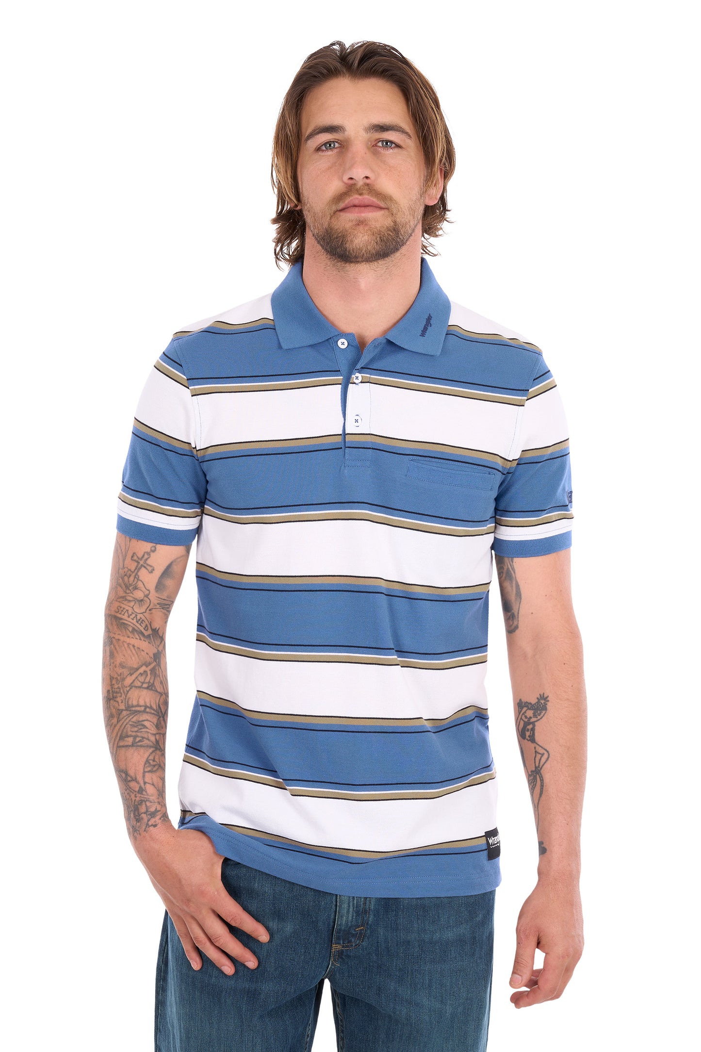 Wrangler Men's Mick 1 Pocket Short Sleeve Polo - Denim/White