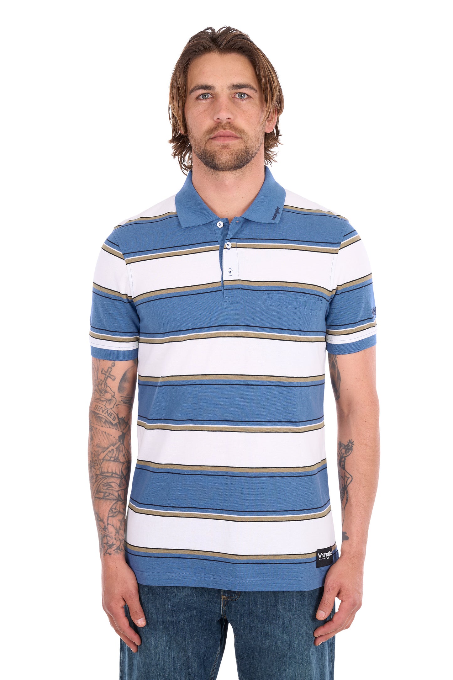 Wrangler Men's Mick 1 Pocket Short Sleeve Polo - Denim/White