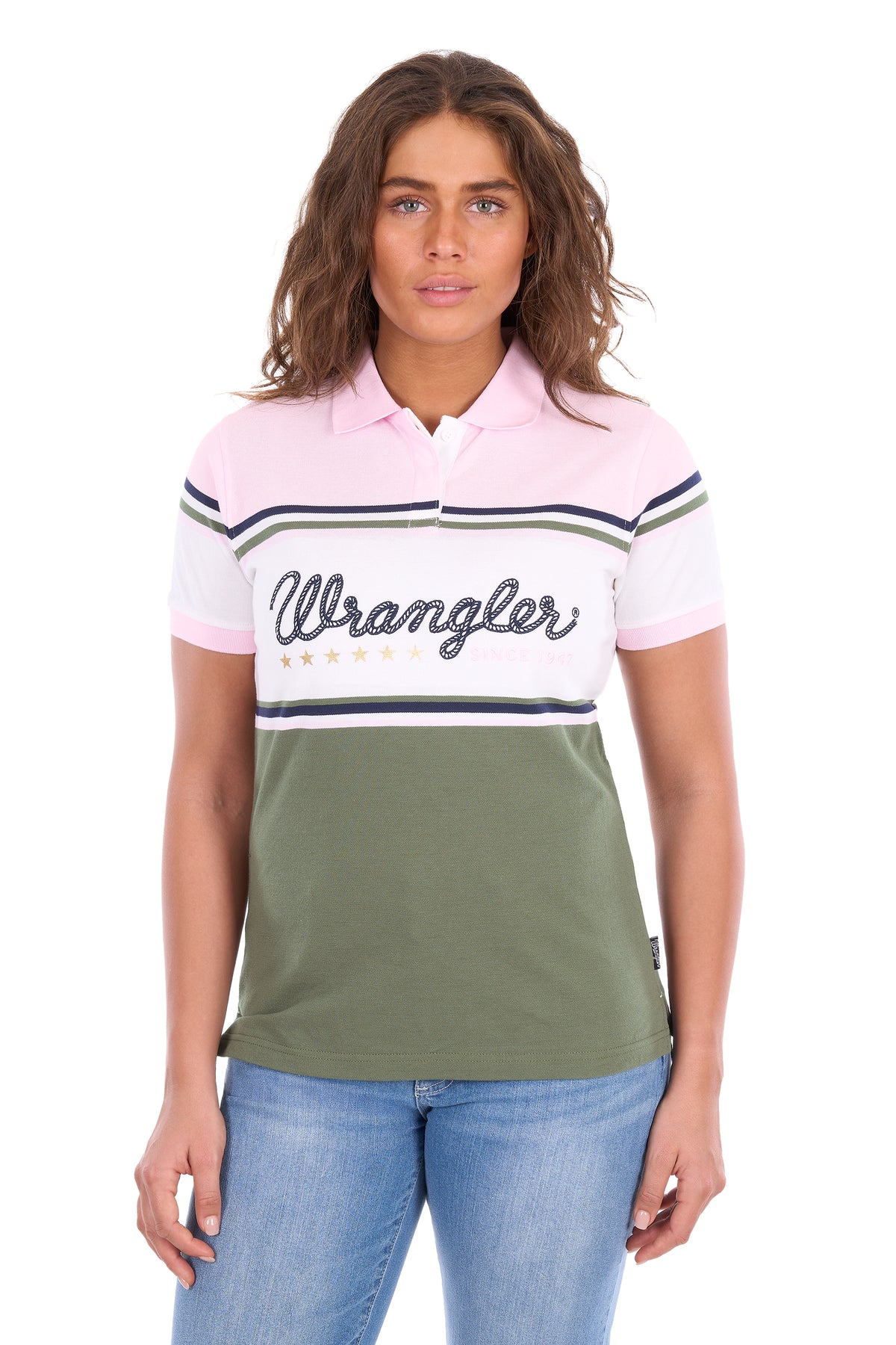 Wrangler Women’s Stephanie Short-Sleeve Polo – Olive/Pastel Pink