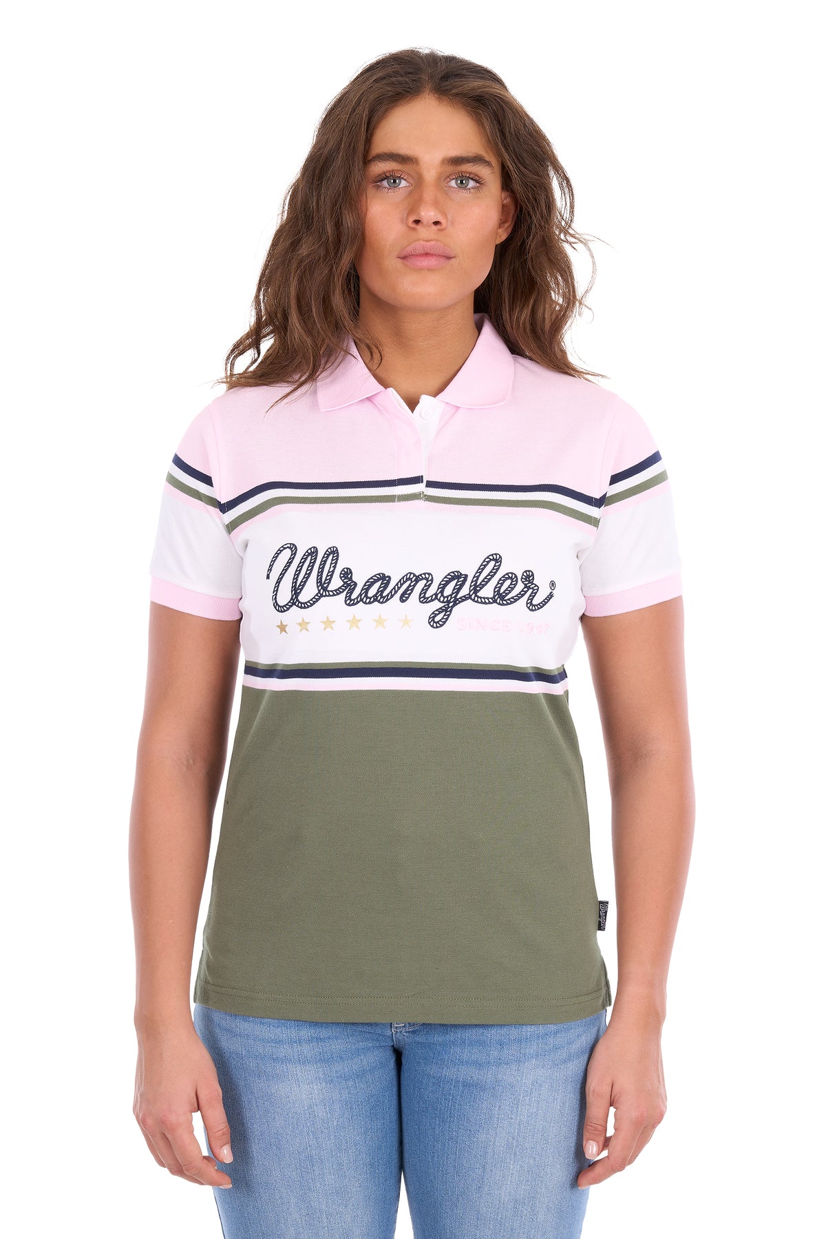 Wrangler Women’s Stephanie Short-Sleeve Polo – Olive/Pastel Pink