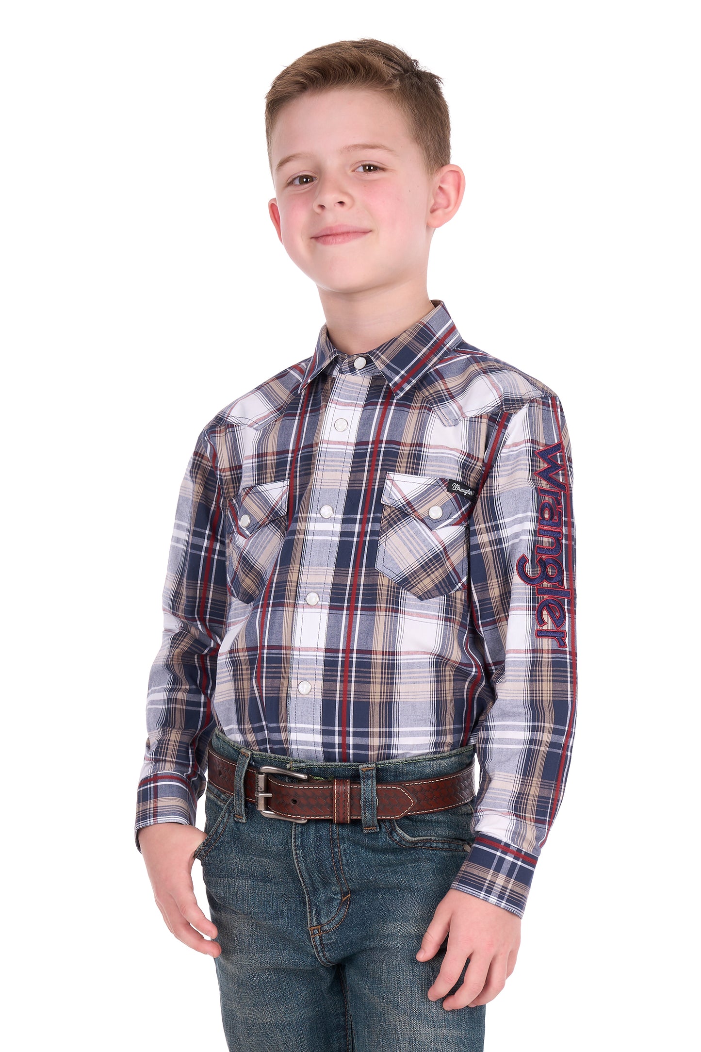 Wrangler Boys' Shaun Logo Long Sleeve Shirt - Navy/Red