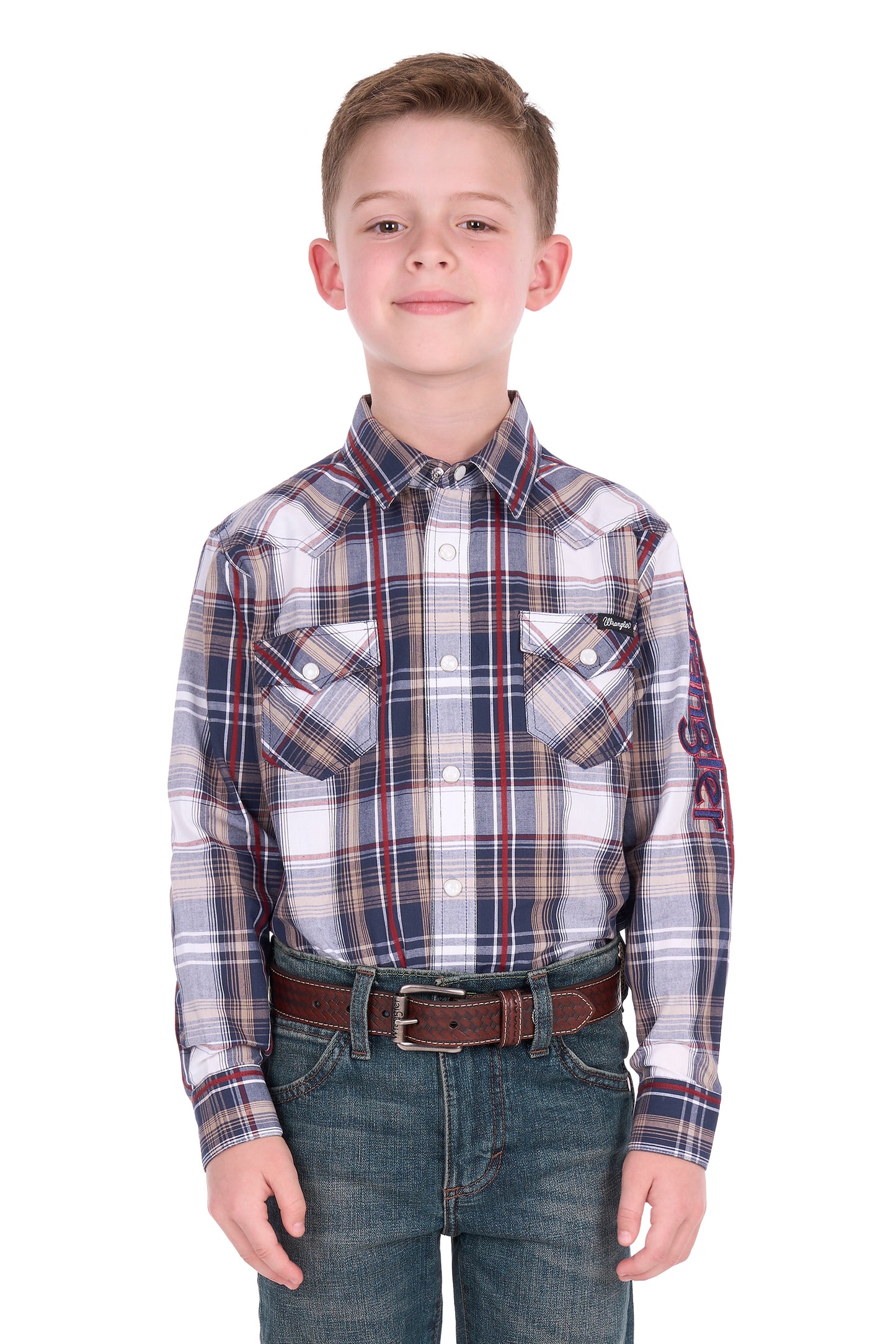 Wrangler Boys' Shaun Logo Long Sleeve Shirt - Navy/Red