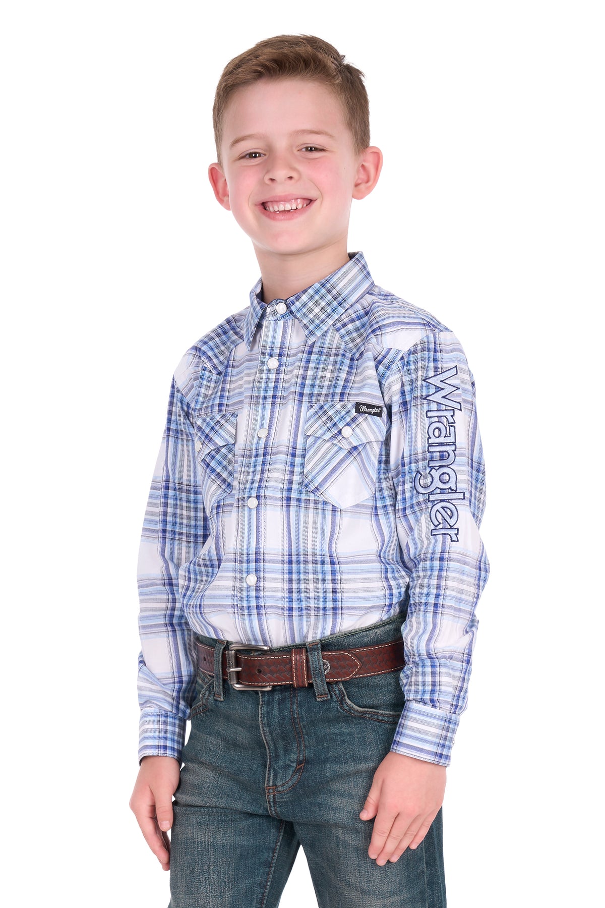 Wrangler Boys’ Eric Logo Long Sleeve Shirt – Light Blue/Royal