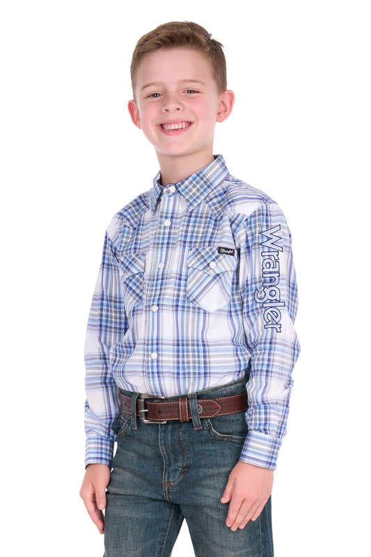 Wrangler Boys’ Eric Logo Long Sleeve Shirt – Light Blue/Royal