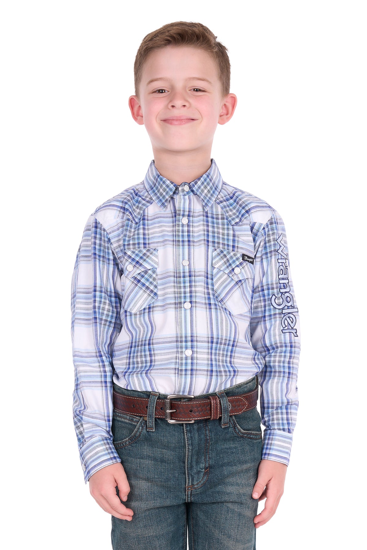 Wrangler Boys’ Eric Logo Long Sleeve Shirt – Light Blue/Royal