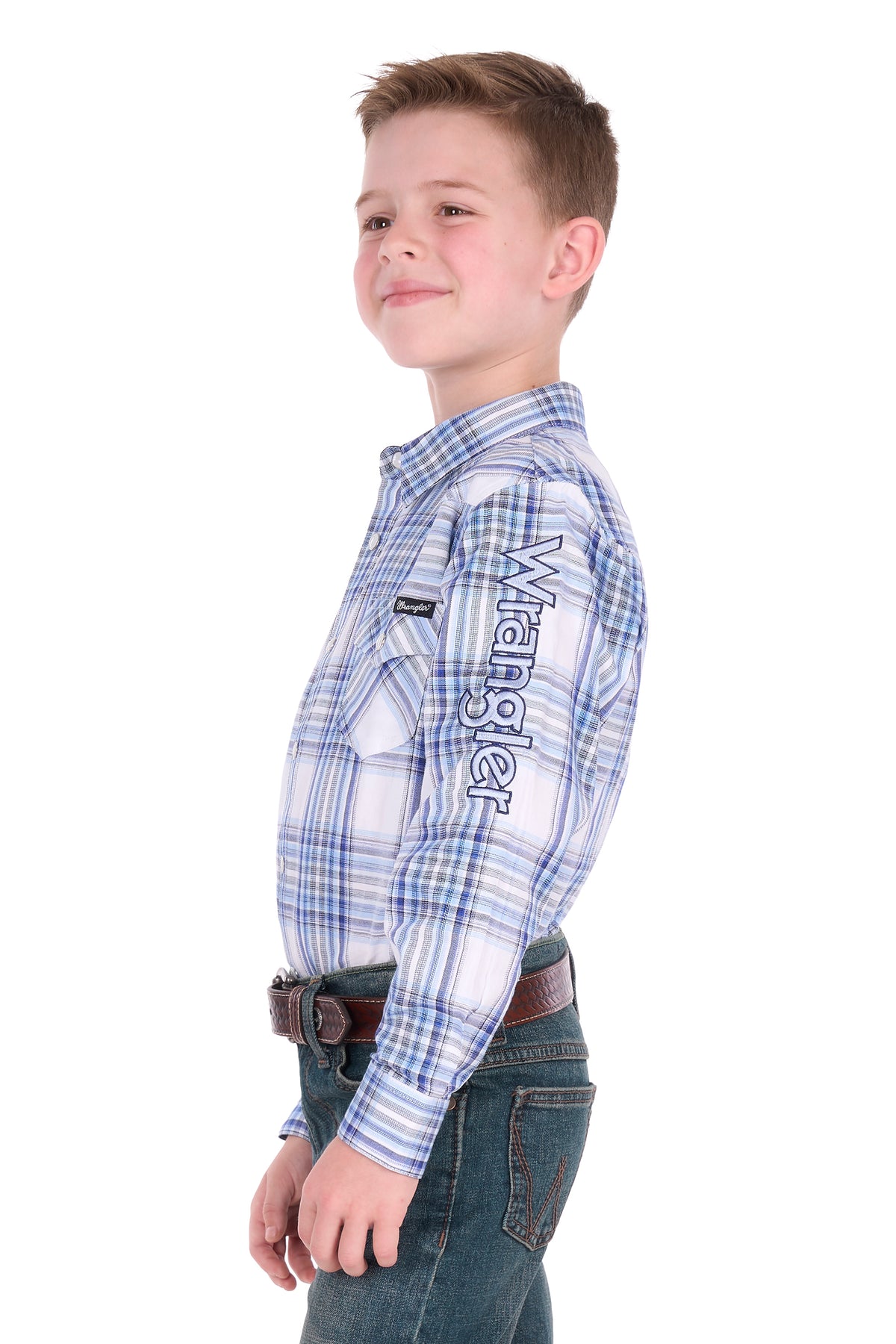 Wrangler Boys’ Eric Logo Long Sleeve Shirt – Light Blue/Royal