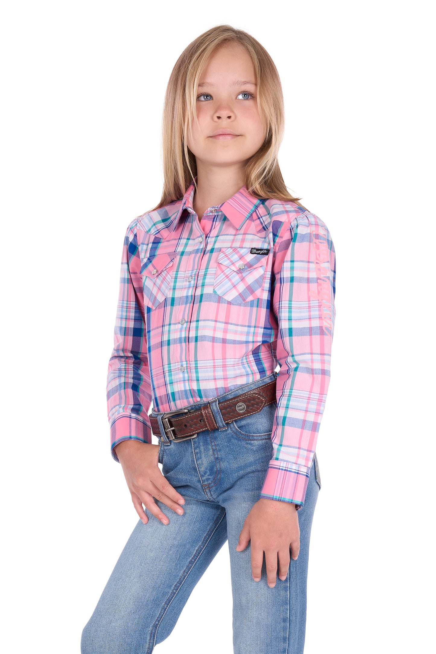 Wrangler Girls' Kiara Logo Long Sleeve Shirt - Blue/Pink