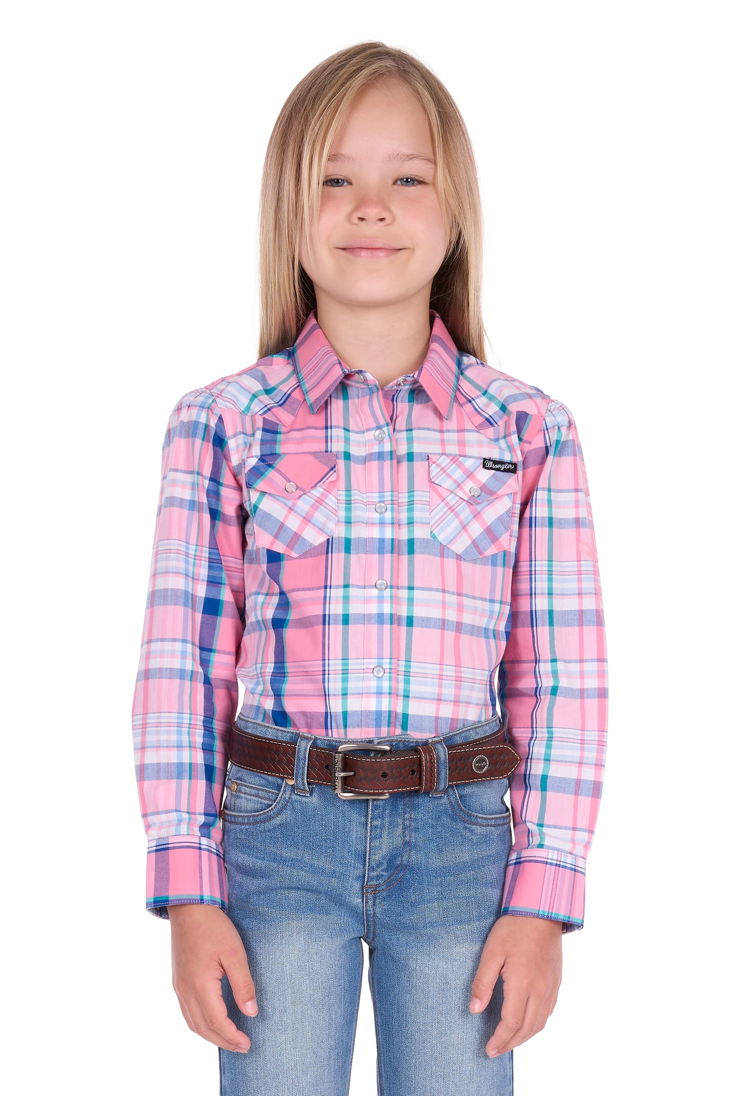 Wrangler Girls' Kiara Logo Long Sleeve Shirt - Blue/Pink