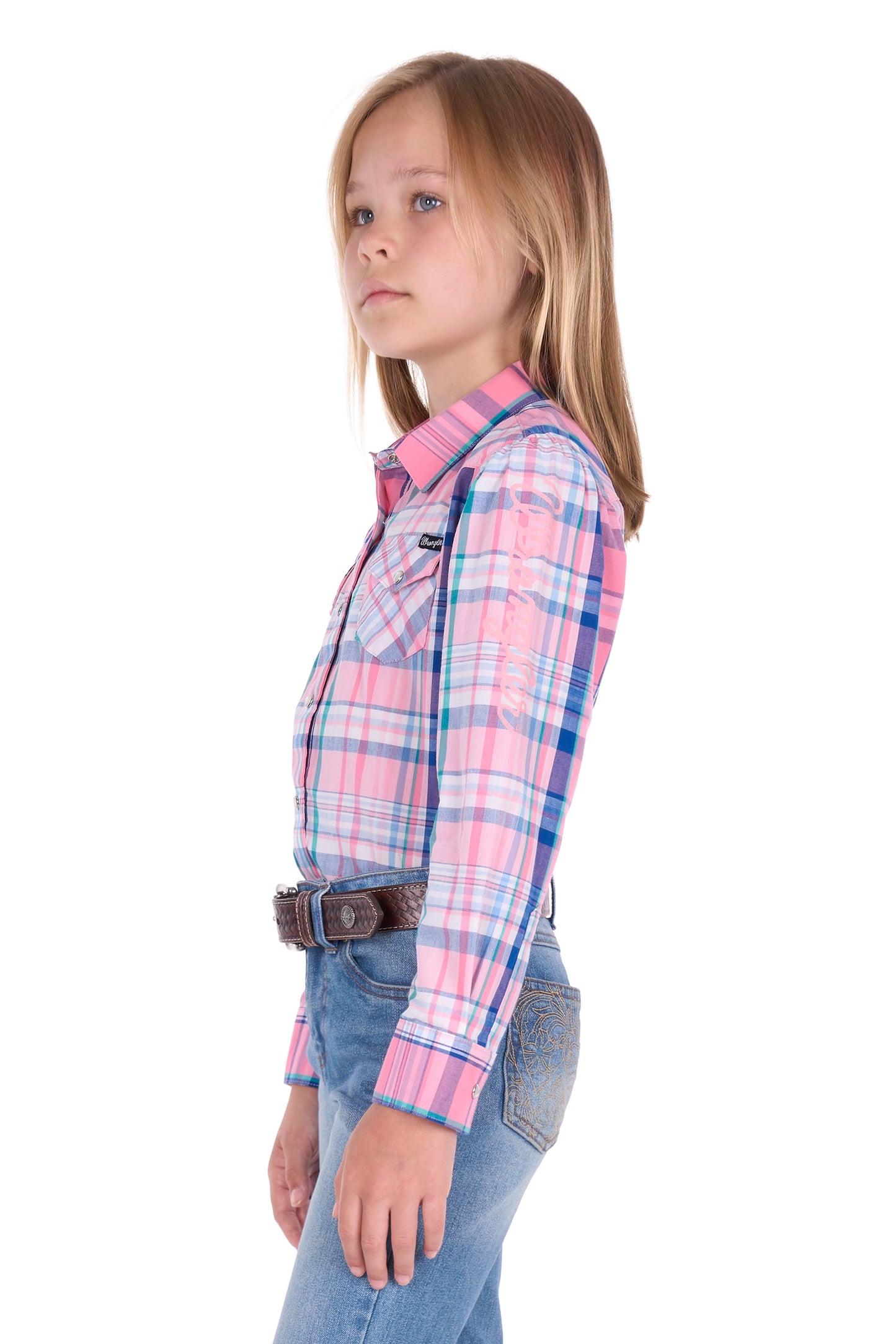 Wrangler Girls' Kiara Logo Long Sleeve Shirt - Blue/Pink