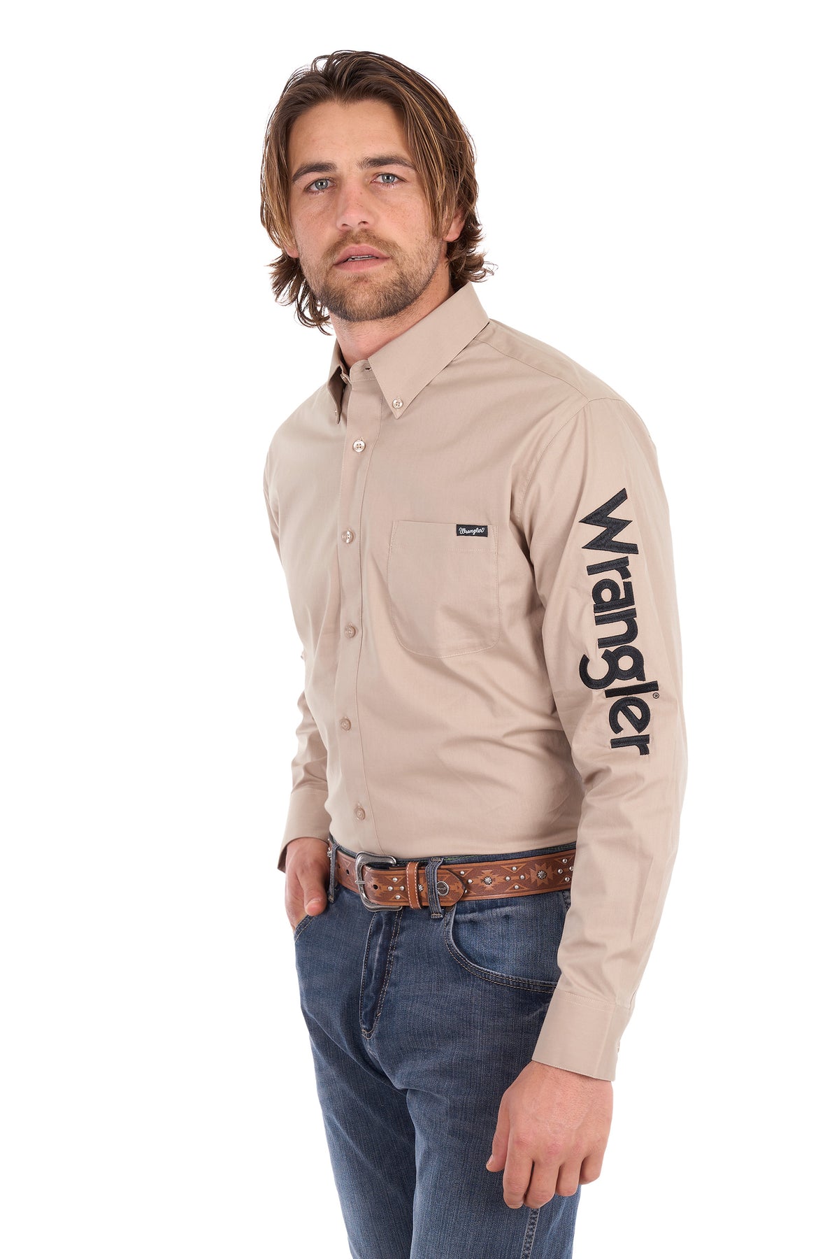 Wrangler Men’s Flex Logo One-Pocket Long Sleeve Shirt – Sand