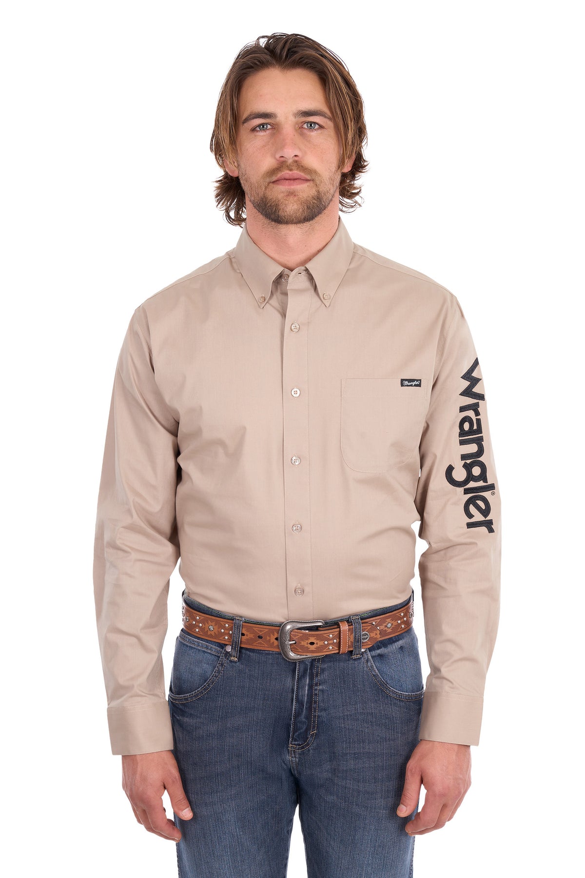 Wrangler Men’s Flex Logo One-Pocket Long Sleeve Shirt – Sand