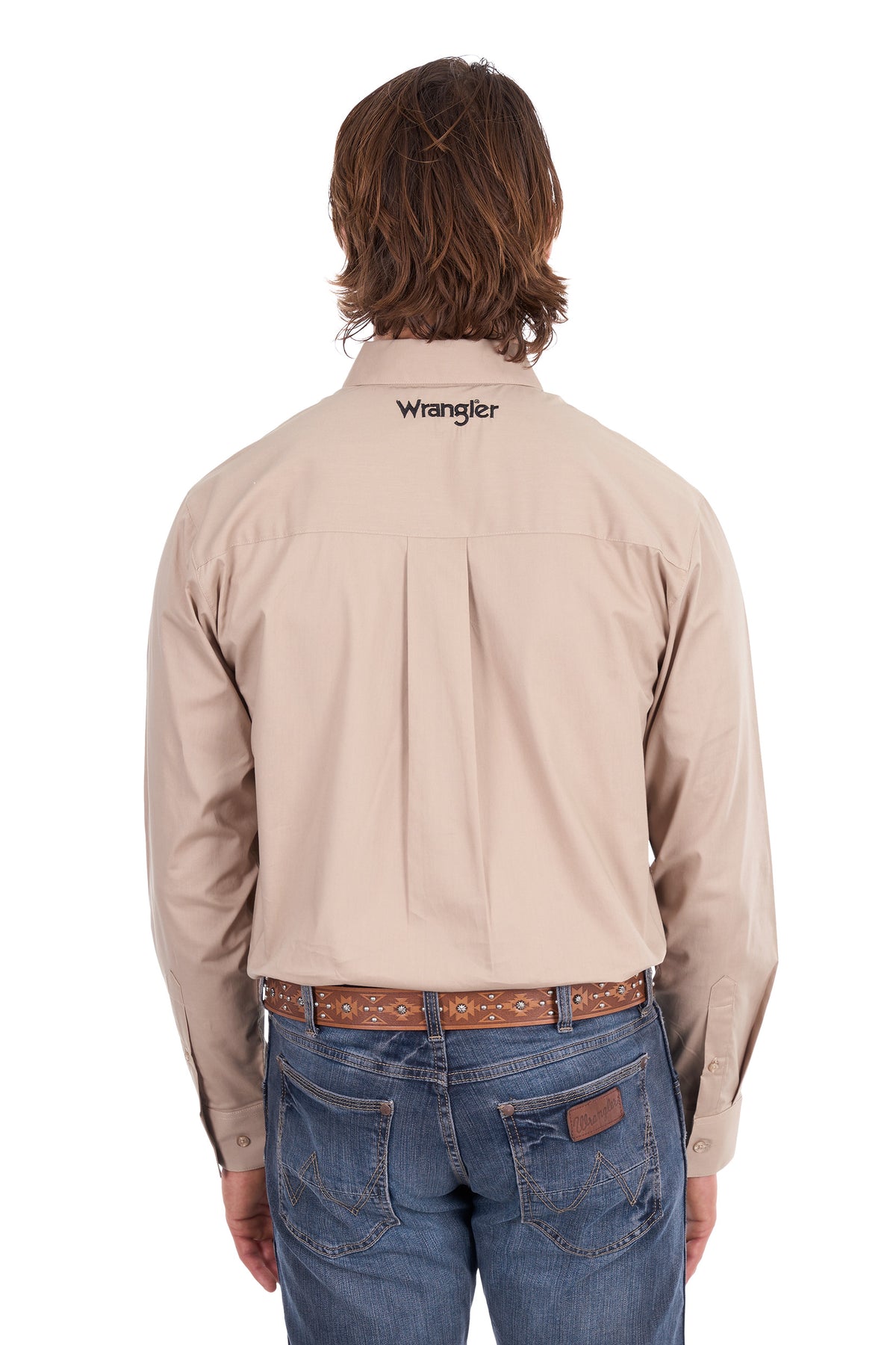 Wrangler Men’s Flex Logo One-Pocket Long Sleeve Shirt – Sand