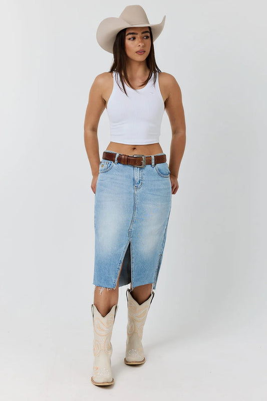 Ringers Western Zahra Women's Mid Rise Denim Midi Skirt – Vintage Light Blue