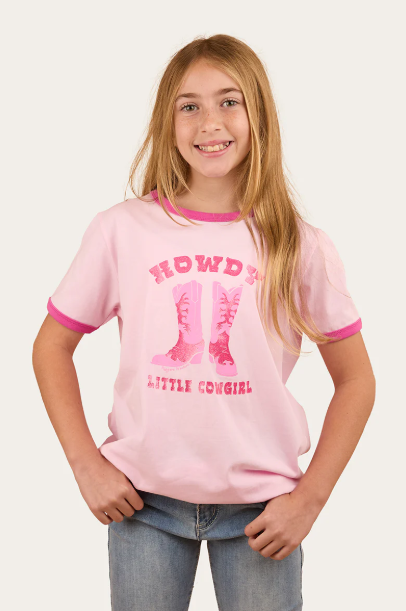 Ringers Western Howdy Cowgirl Kids Ringer T-Shirt - Ballet Pink