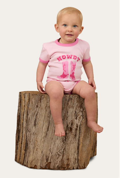 Ringers Western Howdy Cowgirl Babies Short Sleeve Romper - Ballet Pink