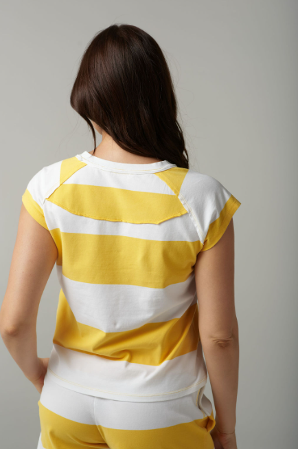 Goondiwindi Cotton Stripe Cap Sleeve Raglan Tee (C13010-52) - White/Parisian Navy