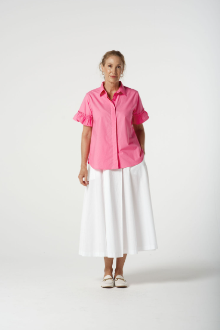 Goondiwindi Cotton Ruffle Sleeve Shirt - Pink Cosmos