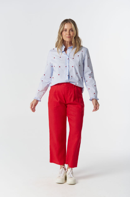 Goondiwindi Cotton Out West Cotton Blouse - Blue/Red Hearts