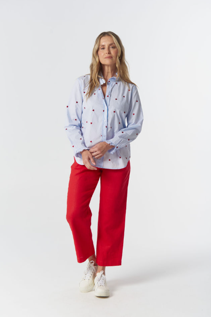 Goondiwindi Cotton Out West Cotton Blouse - Blue/Red Hearts