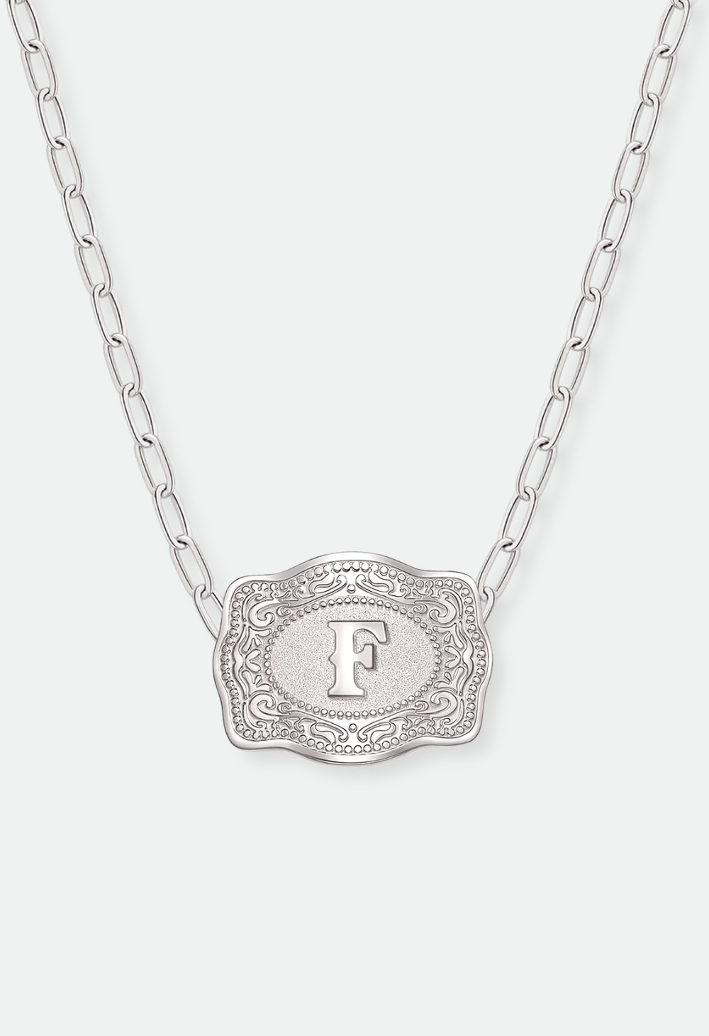 SpurWest Mini Belt Buckle Necklace (Initial) Paper Clip Chain (18" adjustable) - Silver