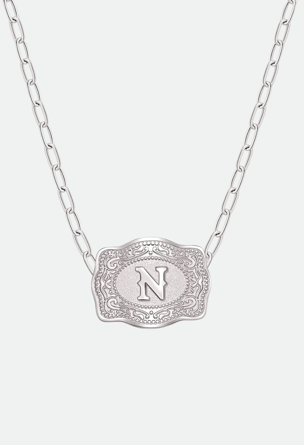 SpurWest Mini Belt Buckle Necklace (Initial) Paper Clip Chain (18" adjustable) - Silver