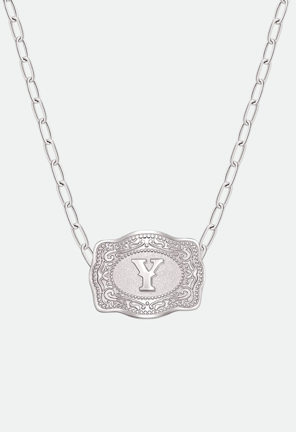 SpurWest Mini Belt Buckle Necklace (Initial) Paper Clip Chain (18" adjustable) - Silver