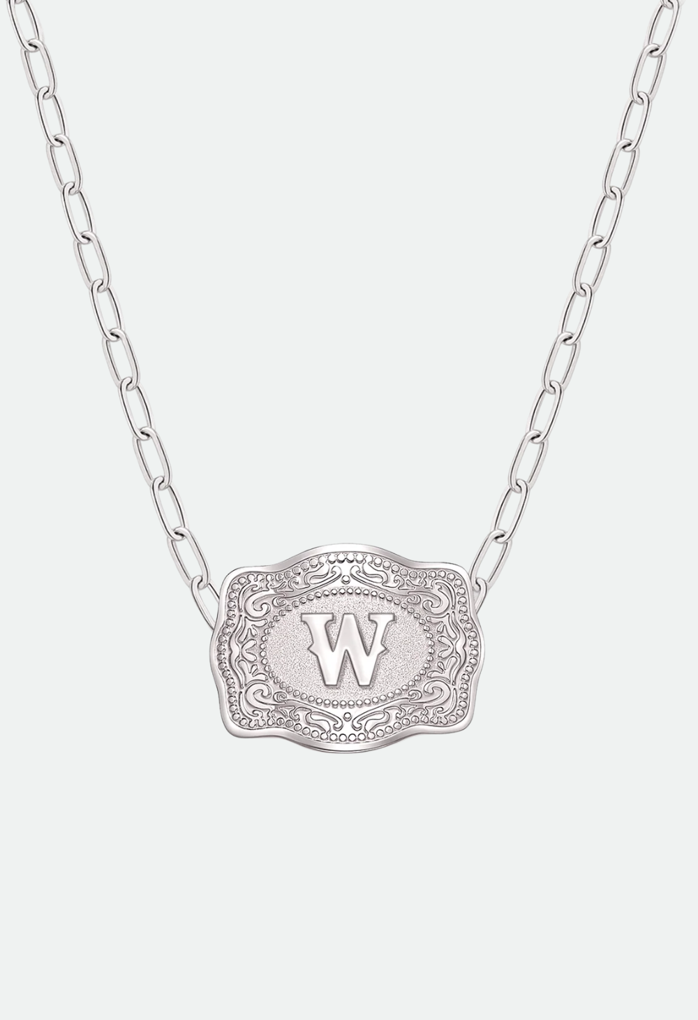 SpurWest Mini Belt Buckle Necklace (Initial) Paper Clip Chain (18" adjustable) - Silver