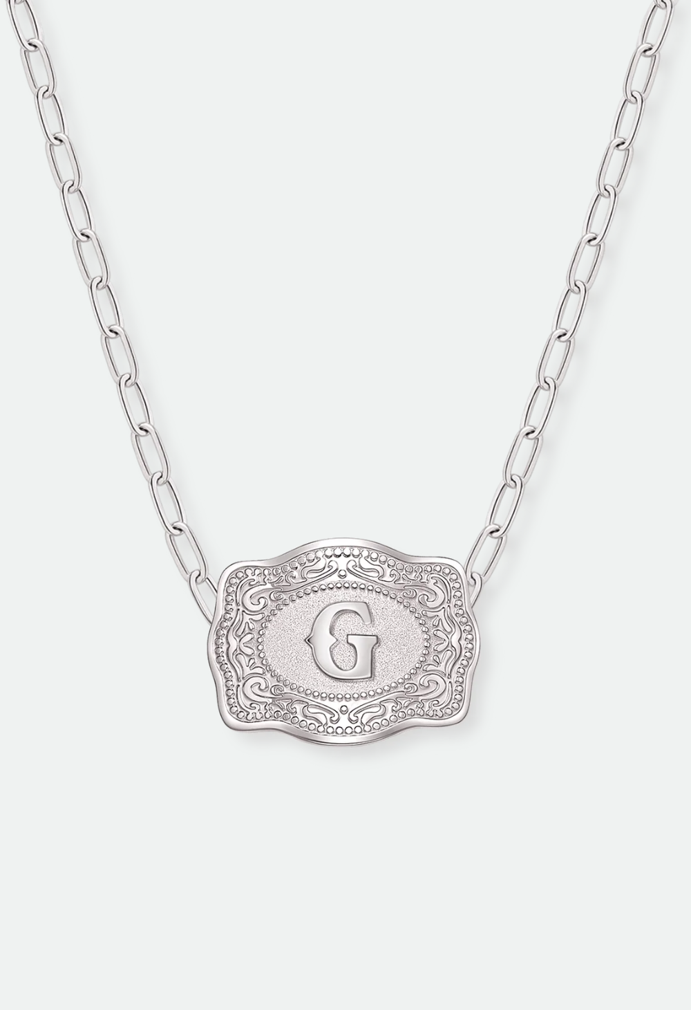 SpurWest Mini Belt Buckle Necklace (Initial) Paper Clip Chain (18" adjustable) - Silver