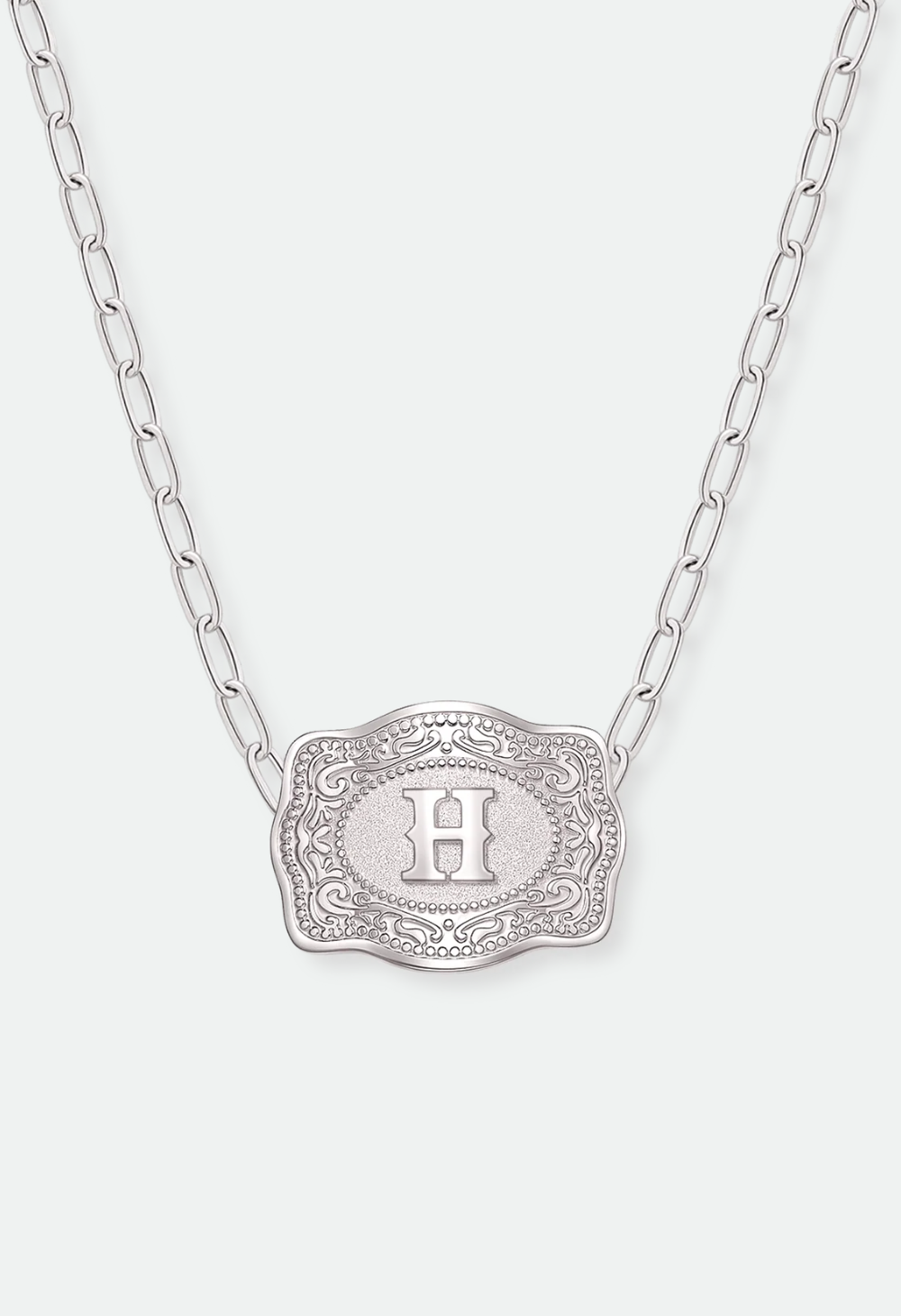 SpurWest Mini Belt Buckle Necklace (Initial) Paper Clip Chain (18" adjustable) - Silver