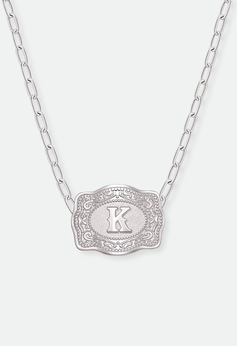 SpurWest Mini Belt Buckle Necklace (Initial) Paper Clip Chain (18" adjustable) - Silver