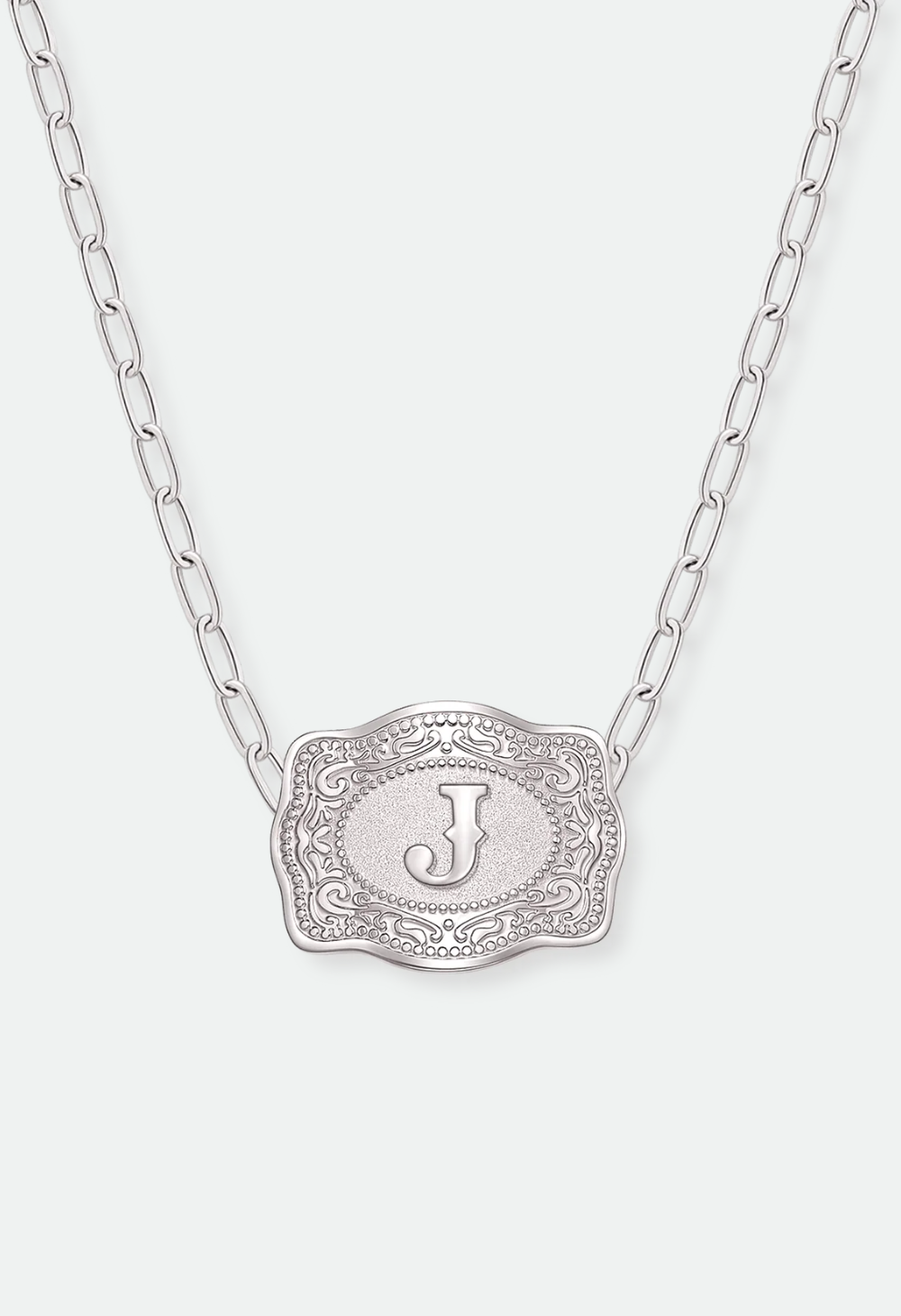 SpurWest Mini Belt Buckle Necklace (Initial) Paper Clip Chain (18" adjustable) - Silver