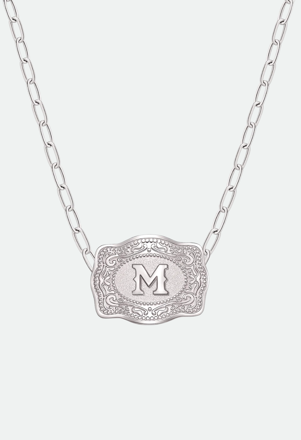 SpurWest Mini Belt Buckle Necklace (Initial) Paper Clip Chain (18" adjustable) - Silver