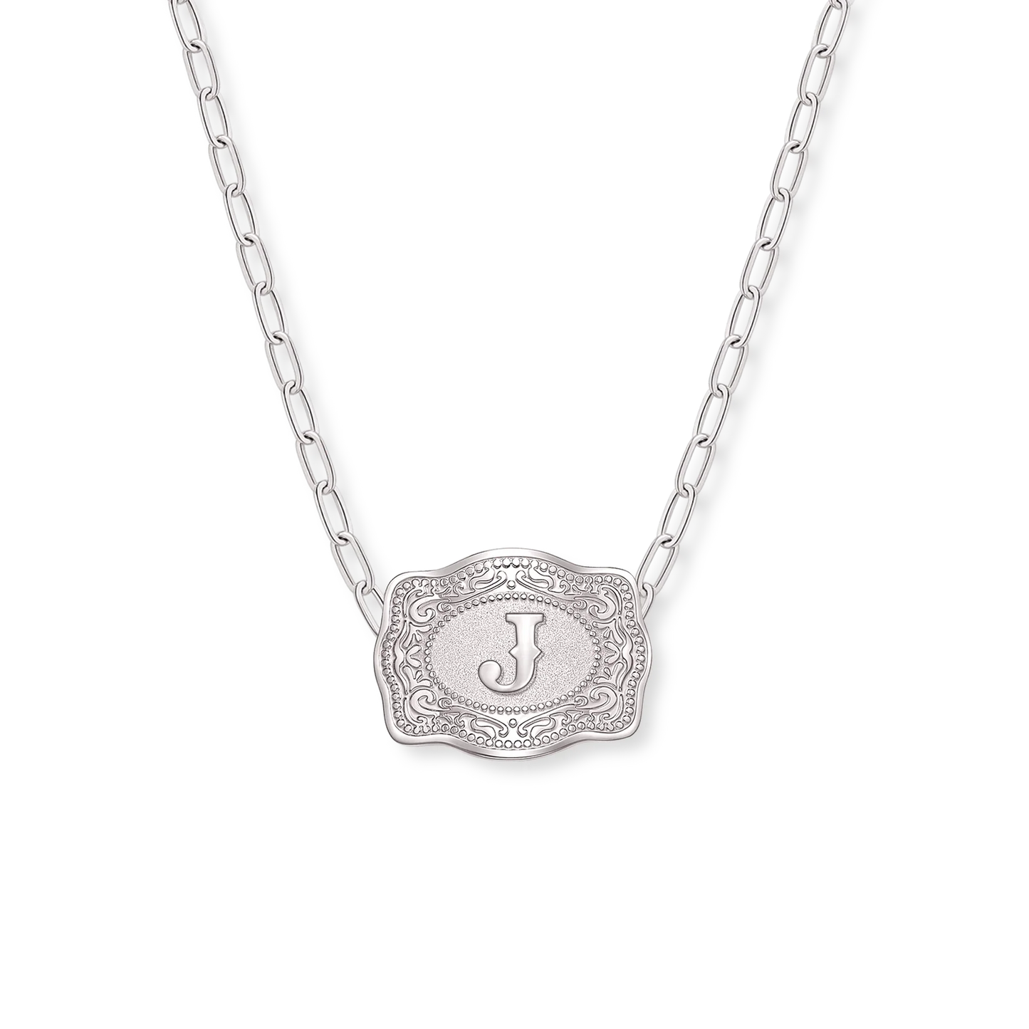 SpurWest Mini Belt Buckle Necklace (Initial) Paper Clip Chain (18" adjustable) - Silver