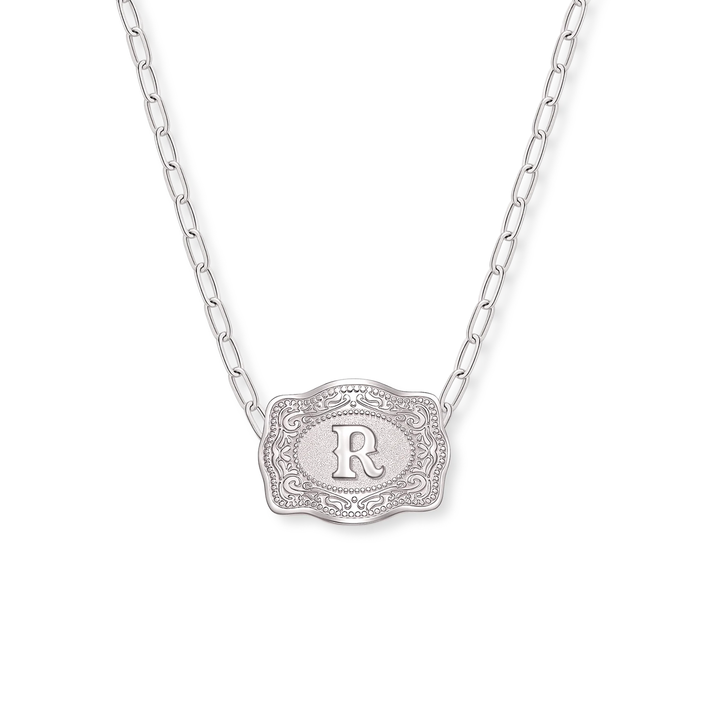 SpurWest Mini Belt Buckle Necklace (Initial) Paper Clip Chain (18" adjustable) - Silver
